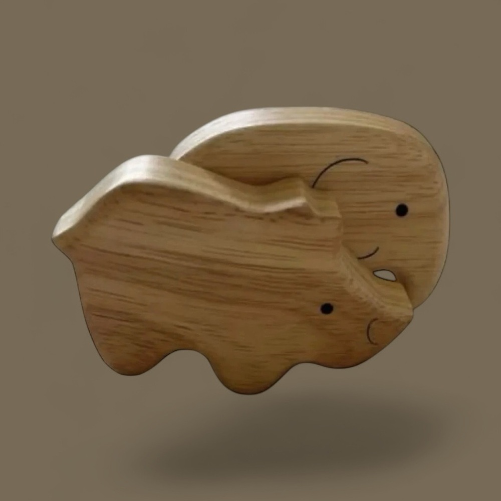 Rhino & elephant handmade wooden baby rattle set